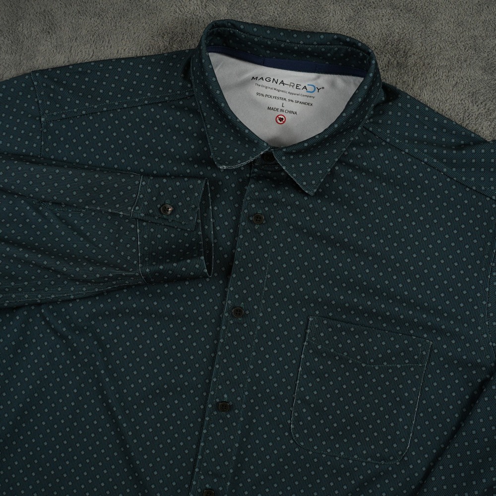 MagnaReady Button Down Shirt Mens L Green Magnetic Adaptive‎ Stretch Long Sleeve